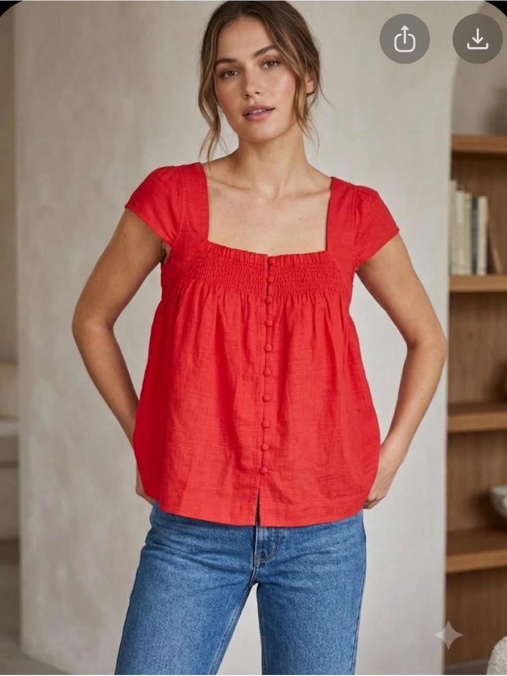 Square-Neck Button Front Women's Blouse in Red